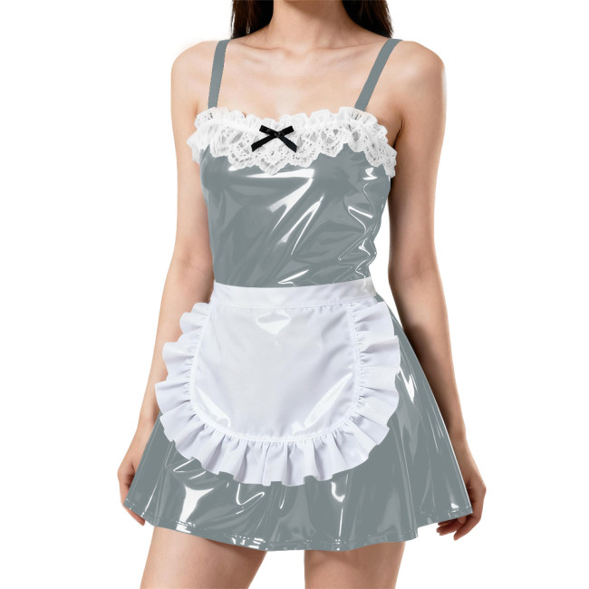 Womens Sexy Spaghetti Straps Apron Maid Dress PVC Patent Leather A-line Pleated Mini Maid Dress Wetlook Maid Cosplay Outfits 7XL