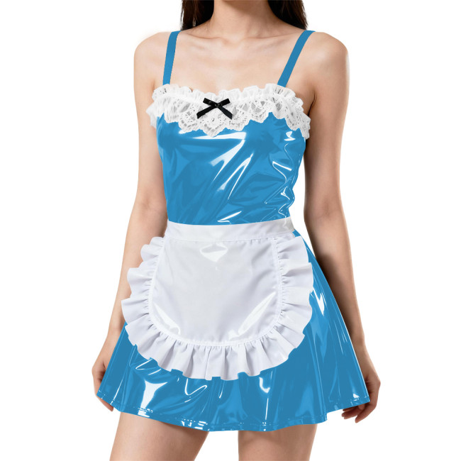 Womens Sexy Spaghetti Straps Apron Maid Dress PVC Patent Leather A-line Pleated Mini Maid Dress Wetlook Maid Cosplay Outfits 7XL