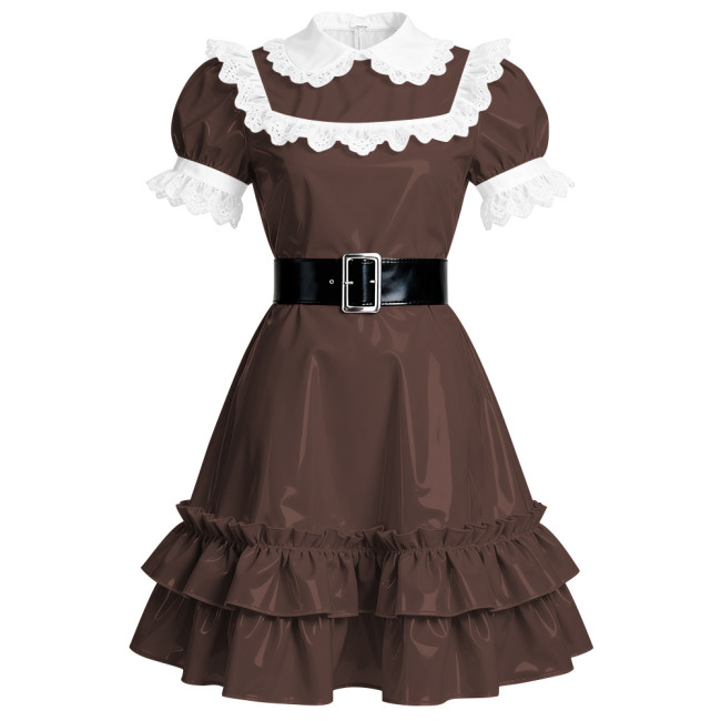 Elegant French Style Mid Dress Women Peter Pan Collar PVC Shiny A-line Dress Halloween Masquerade Party Lolita Ruffles Dresses