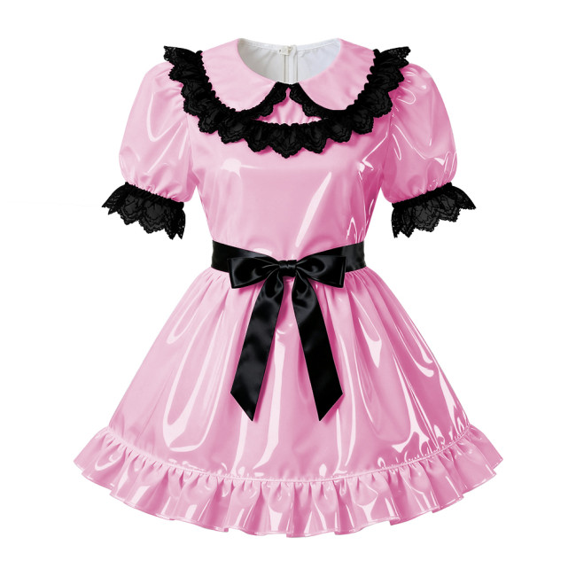 Sissy PVC Leather A-Line Pleated Dress Wetlook Lace Trims Puff Short Sleeves Party Short Dress Servants Maid Cosplay Costume 7XL