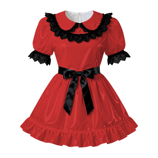 Sissy PVC Leather A-Line Pleated Dress Wetlook Lace Trims Puff Short Sleeves Party Short Dress Servants Maid Cosplay Costume 7XL