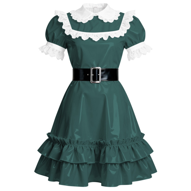 Elegant French Style Mid Dress Women Peter Pan Collar PVC Shiny A-line Dress Halloween Masquerade Party Lolita Ruffles Dresses