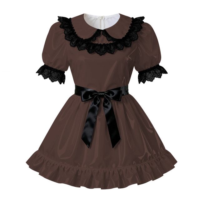 Sissy PVC Leather A-Line Pleated Dress Wetlook Lace Trims Puff Short Sleeves Party Short Dress Servants Maid Cosplay Costume 7XL