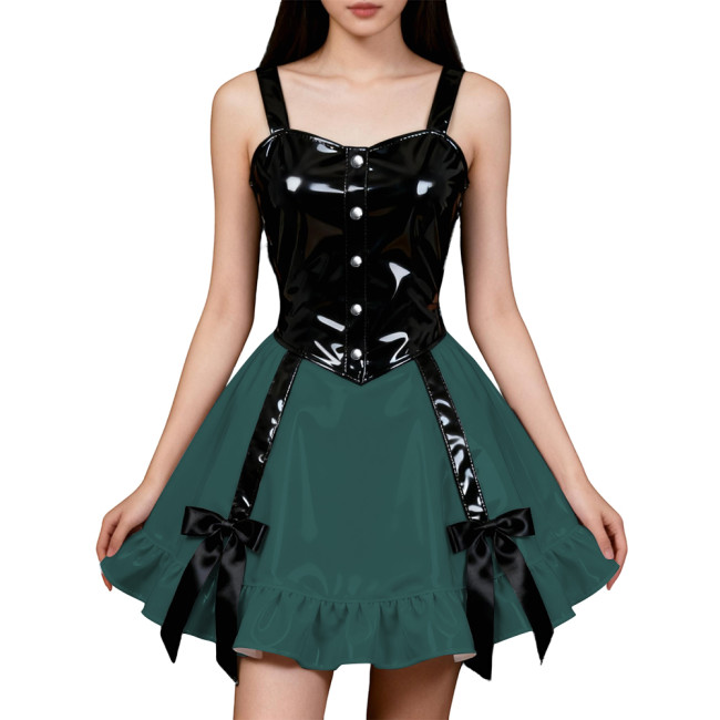 Party Hot Girl Slim Sling Dress Women Gothic Sleeveless PVC Shiny Patchwork A-line Dresses Lolita Punk Sexy Pleated Mini Dresses