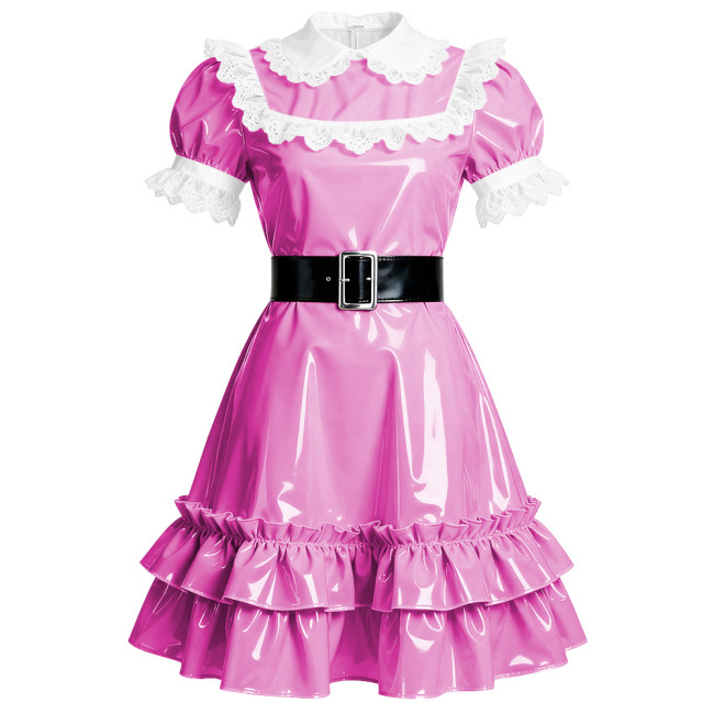 Elegant French Style Mid Dress Women Peter Pan Collar PVC Shiny A-line Dress Halloween Masquerade Party Lolita Ruffles Dresses
