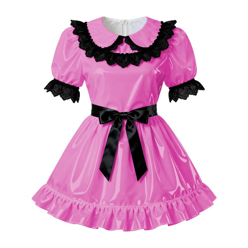 Sissy PVC Leather A-Line Pleated Dress Wetlook Lace Trims Puff Short Sleeves Party Short Dress Servants Maid Cosplay Costume 7XL
