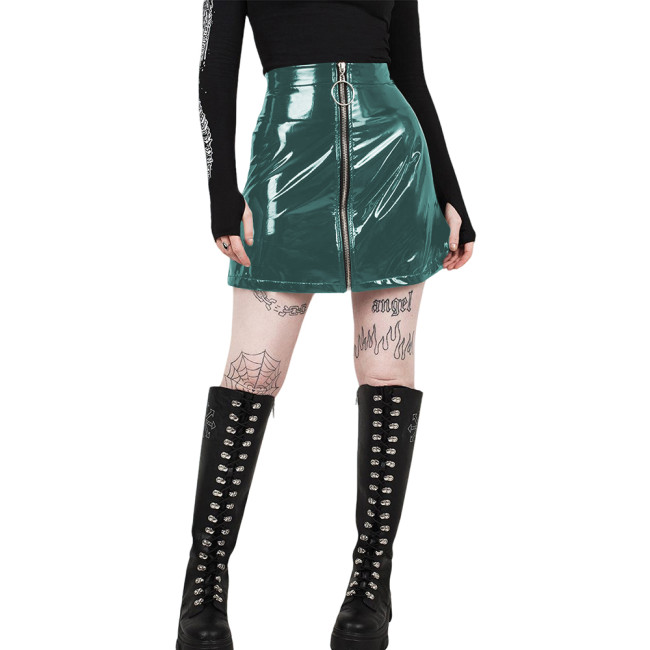 Vintage PVC Shiny Leather Mini Skirts Women Glossy Casual A-Line Short Skirts Female Zipper Full High Waist Skirt Streetwear