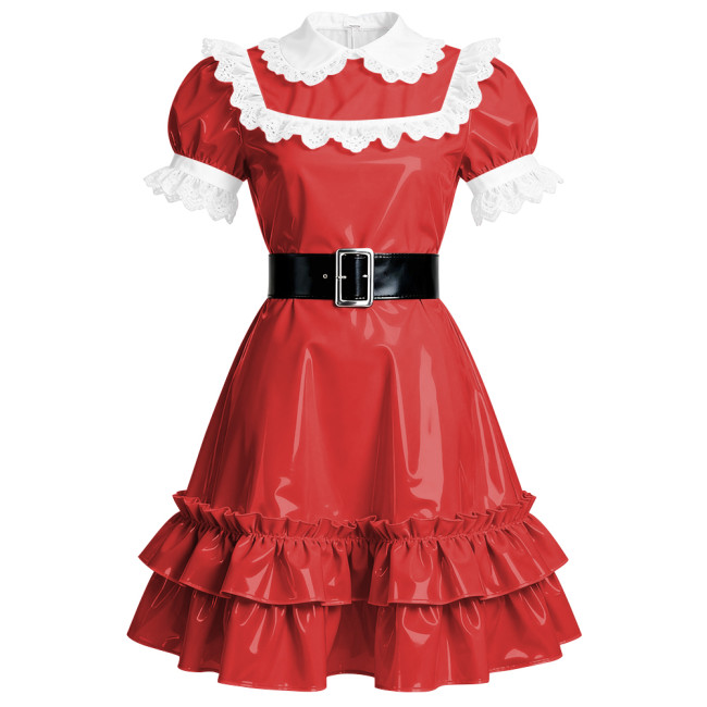 Elegant French Style Mid Dress Women Peter Pan Collar PVC Shiny A-line Dress Halloween Masquerade Party Lolita Ruffles Dresses