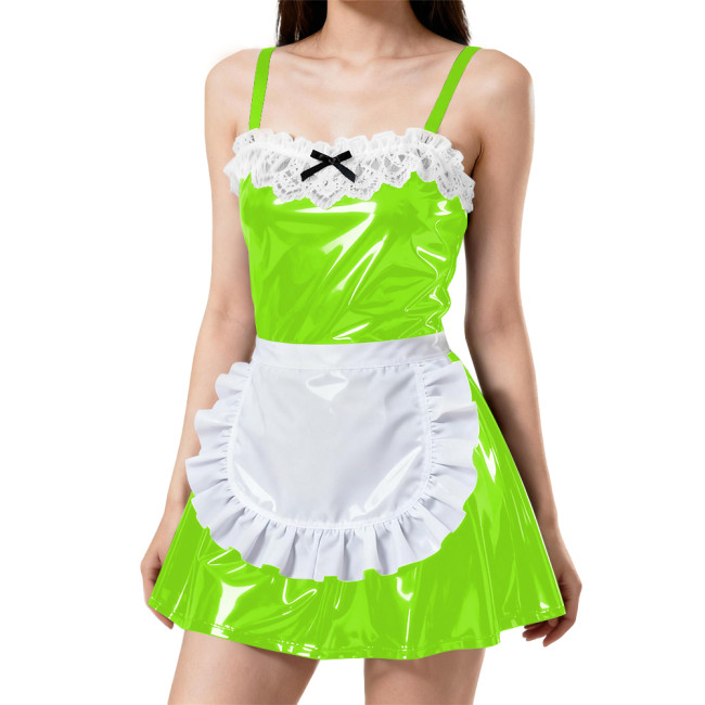 Womens Sexy Spaghetti Straps Apron Maid Dress PVC Patent Leather A-line Pleated Mini Maid Dress Wetlook Maid Cosplay Outfits 7XL