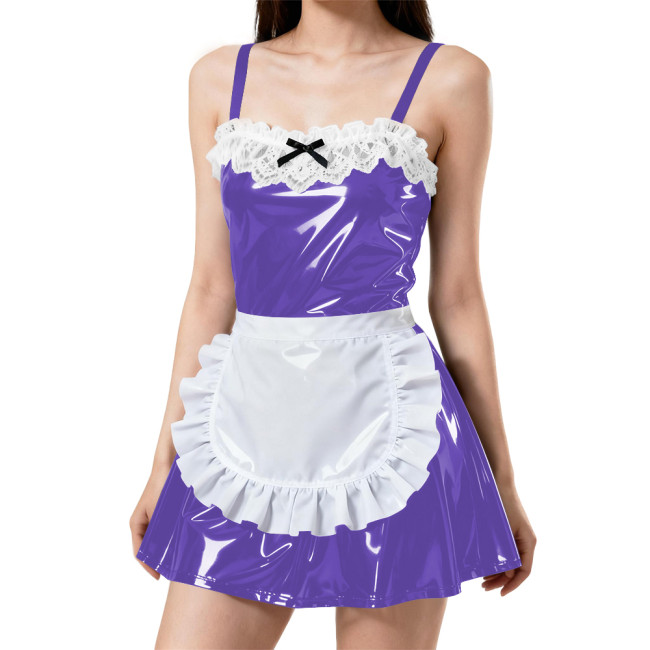 Womens Sexy Spaghetti Straps Apron Maid Dress PVC Patent Leather A-line Pleated Mini Maid Dress Wetlook Maid Cosplay Outfits 7XL