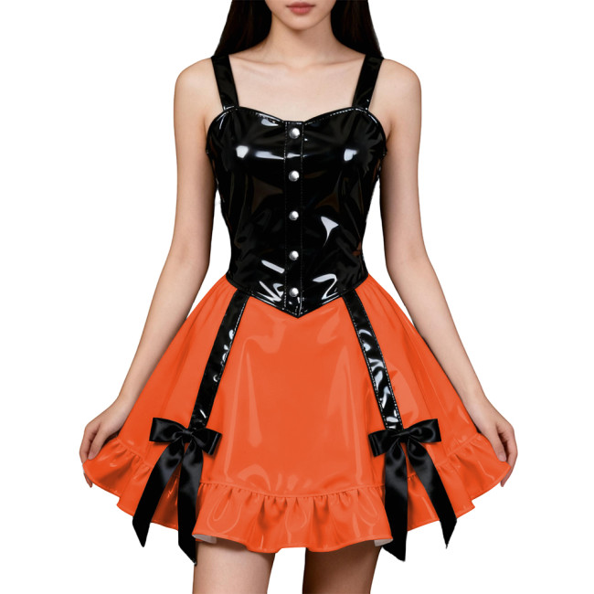 Party Hot Girl Slim Sling Dress Women Gothic Sleeveless PVC Shiny Patchwork A-line Dresses Lolita Punk Sexy Pleated Mini Dresses