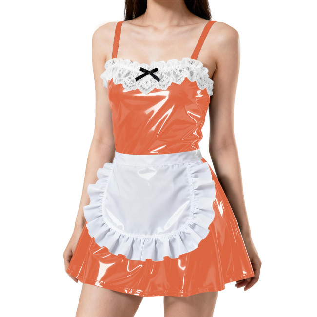 Womens Sexy Spaghetti Straps Apron Maid Dress PVC Patent Leather A-line Pleated Mini Maid Dress Wetlook Maid Cosplay Outfits 7XL