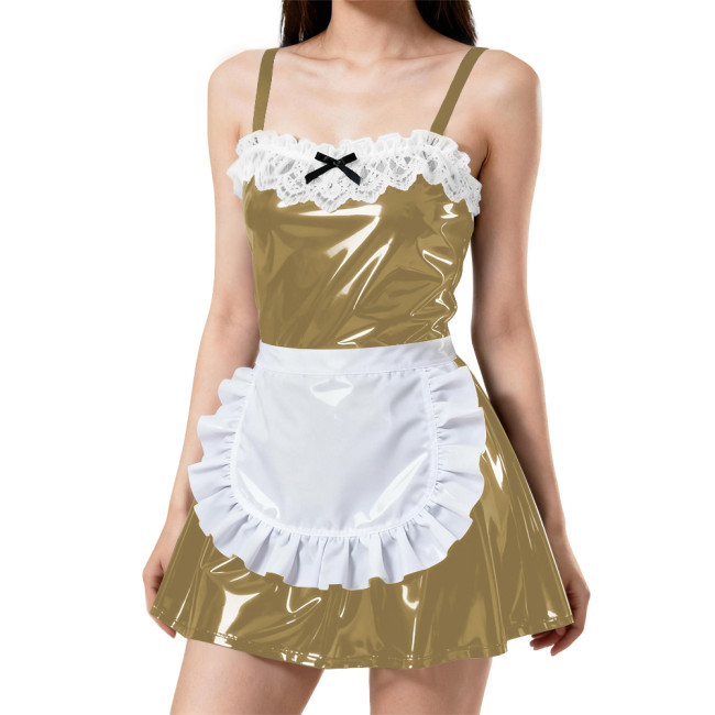 Womens Sexy Spaghetti Straps Apron Maid Dress PVC Patent Leather A-line Pleated Mini Maid Dress Wetlook Maid Cosplay Outfits 7XL