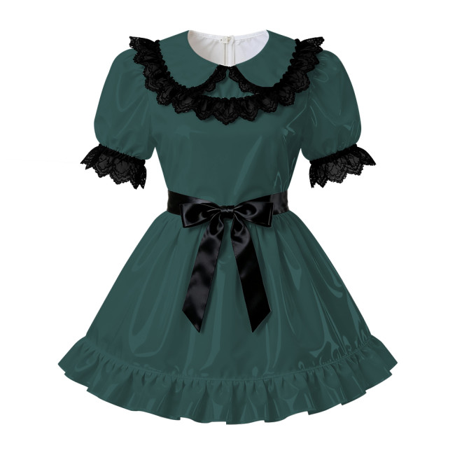 Sissy PVC Leather A-Line Pleated Dress Wetlook Lace Trims Puff Short Sleeves Party Short Dress Servants Maid Cosplay Costume 7XL