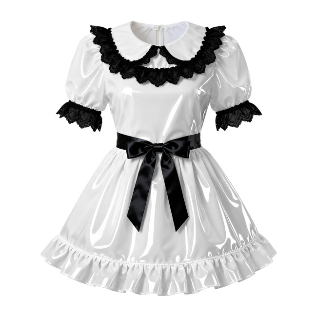 Sissy PVC Leather A-Line Pleated Dress Wetlook Lace Trims Puff Short Sleeves Party Short Dress Servants Maid Cosplay Costume 7XL