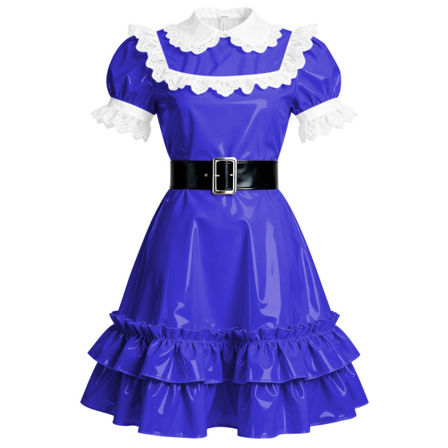 Elegant French Style Mid Dress Women Peter Pan Collar PVC Shiny A-line Dress Halloween Masquerade Party Lolita Ruffles Dresses