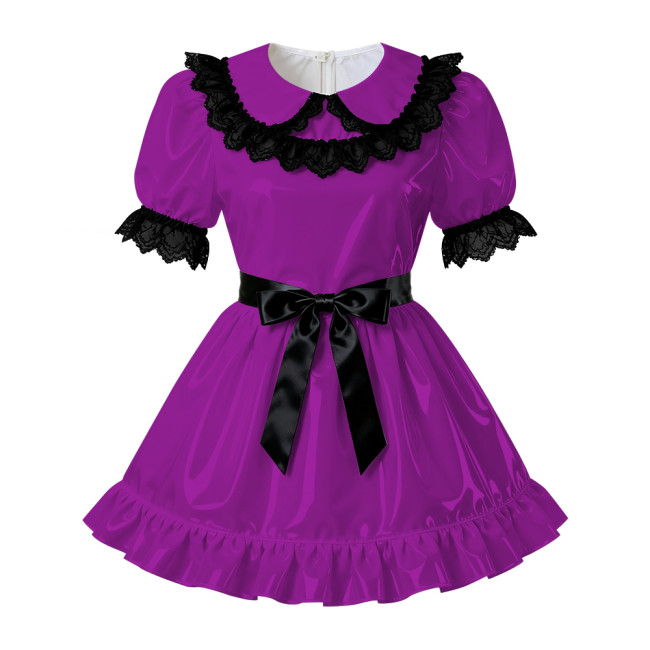 Sissy PVC Leather A-Line Pleated Dress Wetlook Lace Trims Puff Short Sleeves Party Short Dress Servants Maid Cosplay Costume 7XL