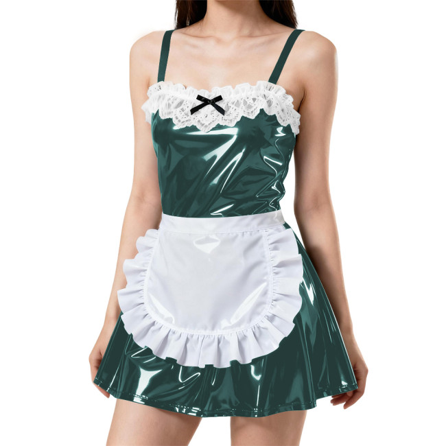 Womens Sexy Spaghetti Straps Apron Maid Dress PVC Patent Leather A-line Pleated Mini Maid Dress Wetlook Maid Cosplay Outfits 7XL