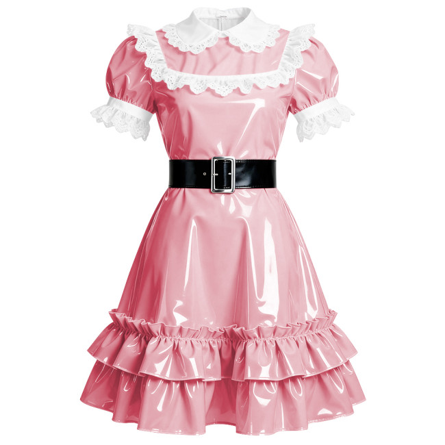 Elegant French Style Mid Dress Women Peter Pan Collar PVC Shiny A-line Dress Halloween Masquerade Party Lolita Ruffles Dresses