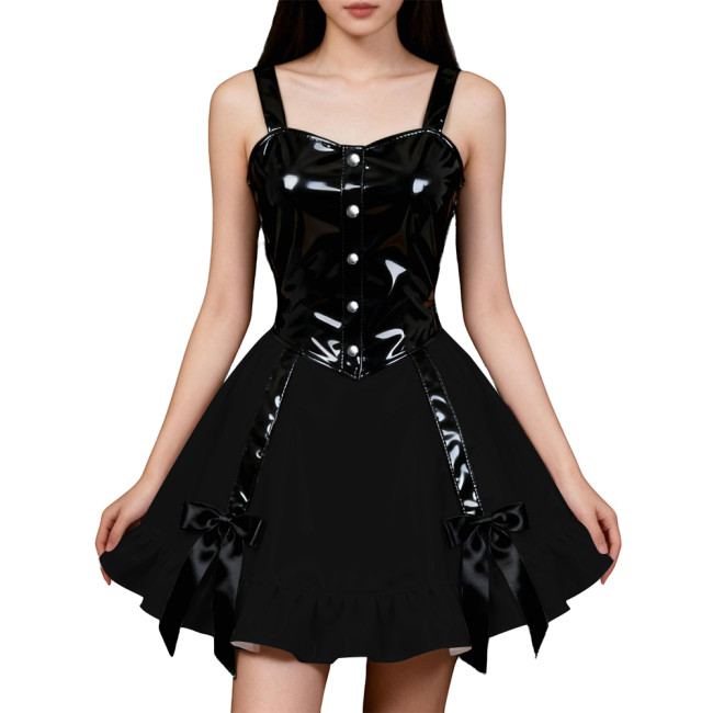 Party Hot Girl Slim Sling Dress Women Gothic Sleeveless PVC Shiny Patchwork A-line Dresses Lolita Punk Sexy Pleated Mini Dresses