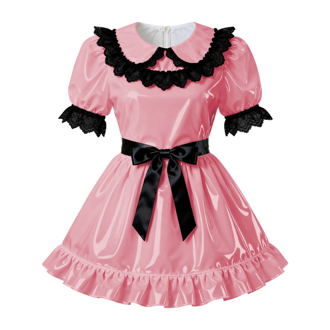 Sissy PVC Leather A-Line Pleated Dress Wetlook Lace Trims Puff Short Sleeves Party Short Dress Servants Maid Cosplay Costume 7XL