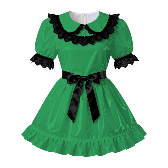 Sissy PVC Leather A-Line Pleated Dress Wetlook Lace Trims Puff Short Sleeves Party Short Dress Servants Maid Cosplay Costume 7XL