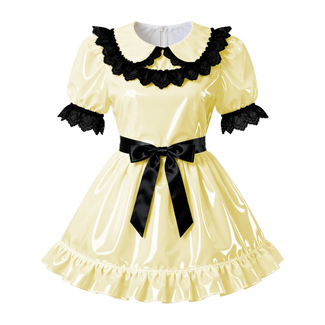 Sissy PVC Leather A-Line Pleated Dress Wetlook Lace Trims Puff Short Sleeves Party Short Dress Servants Maid Cosplay Costume 7XL