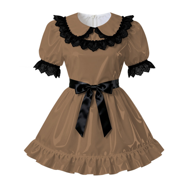 Sissy PVC Leather A-Line Pleated Dress Wetlook Lace Trims Puff Short Sleeves Party Short Dress Servants Maid Cosplay Costume 7XL