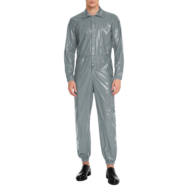 Men Long Sleeve Shiny PVC Leather Casual Jumpsuit Club Role Play Outfits Turn-down Collar High Waist One Piece Catsuit Rompers