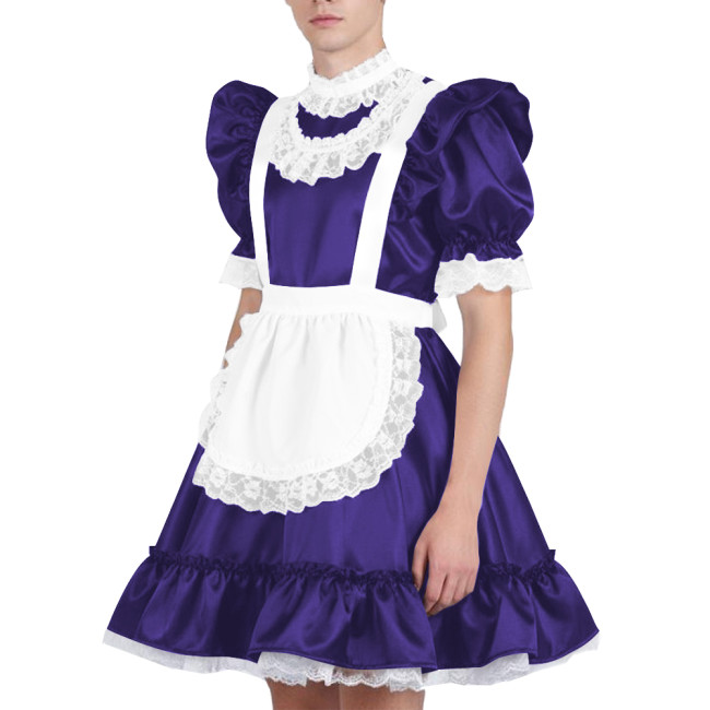 Mens Sissy Lace Ruffles Maid Dress Outfits Party Cosplay Costume Puff Sleeve Satin French Apron Dress Maid Servant Dress Set
