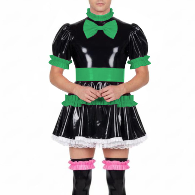 Fetish Sissy Ruffles A-line Mini Dress Wetlook PVC Leather Lolita Cosplay Maid Dresses Crossdressing Party Club Pleated Dress