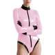 Womens Glossy PVC Leather Bodysuit Sexy Long Sleeve Rompers Clubwear Mock Neck Front Zipper One-piece Jumpsuit for Pole Dance