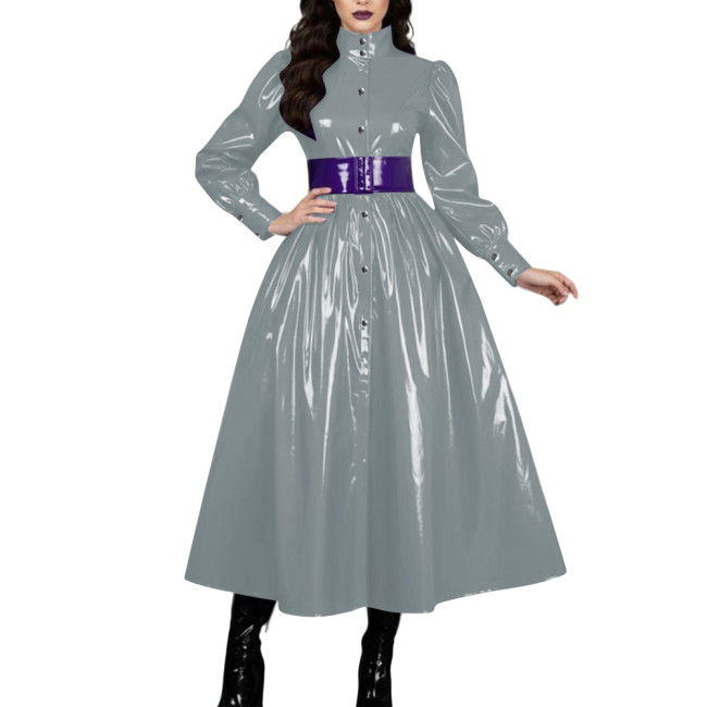 Womens French Goth Shiny PVC Prom Dresses Long Sleeve Wetlook Single-breasted A-line Dress Adult Crossdresser Fantasy Carnival
