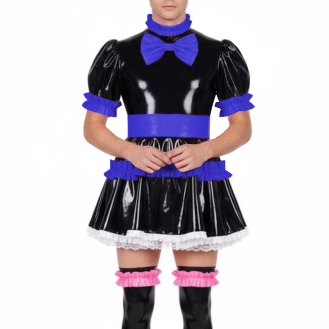 Fetish Sissy Ruffles A-line Mini Dress Wetlook PVC Leather Lolita Cosplay Maid Dresses Crossdressing Party Club Pleated Dress