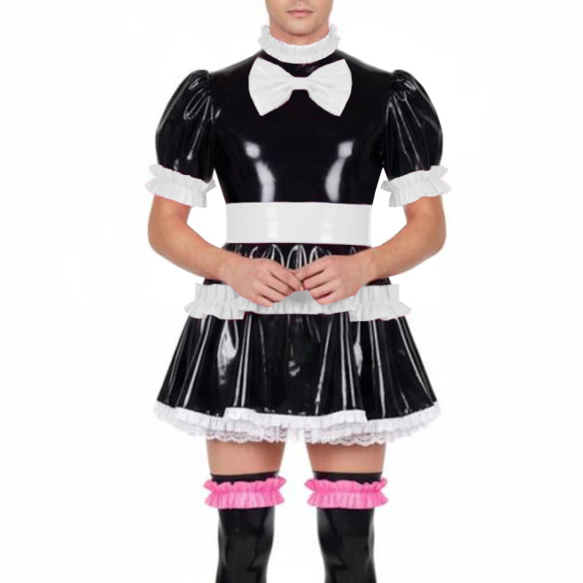 Fetish Sissy Ruffles A-line Mini Dress Wetlook PVC Leather Lolita Cosplay Maid Dresses Crossdressing Party Club Pleated Dress