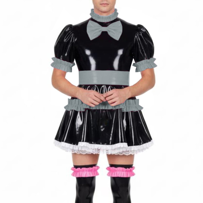 Fetish Sissy Ruffles A-line Mini Dress Wetlook PVC Leather Lolita Cosplay Maid Dresses Crossdressing Party Club Pleated Dress