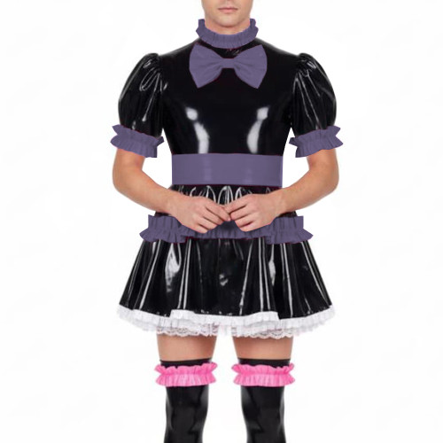 Fetish Sissy Ruffles A-line Mini Dress Wetlook PVC Leather Lolita Cosplay Maid Dresses Crossdressing Party Club Pleated Dress