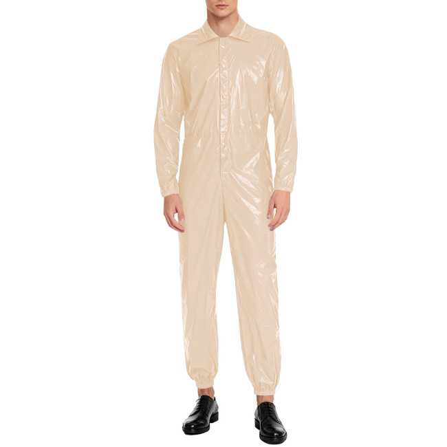 Men Long Sleeve Shiny PVC Leather Casual Jumpsuit Club Role Play Outfits Turn-down Collar High Waist One Piece Catsuit Rompers