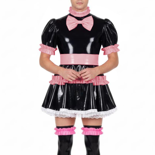 Fetish Sissy Ruffles A-line Mini Dress Wetlook PVC Leather Lolita Cosplay Maid Dresses Crossdressing Party Club Pleated Dress