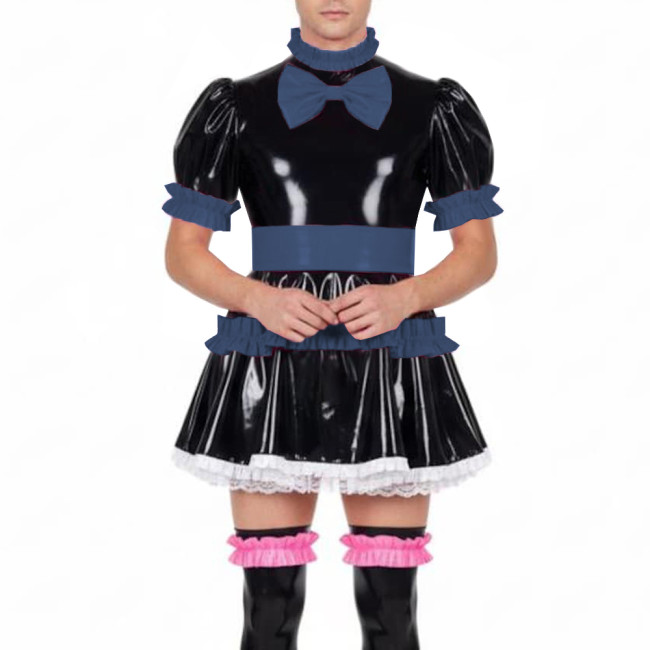 Fetish Sissy Ruffles A-line Mini Dress Wetlook PVC Leather Lolita Cosplay Maid Dresses Crossdressing Party Club Pleated Dress