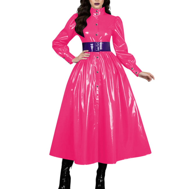 Womens French Goth Shiny PVC Prom Dresses Long Sleeve Wetlook Single-breasted A-line Dress Adult Crossdresser Fantasy Carnival