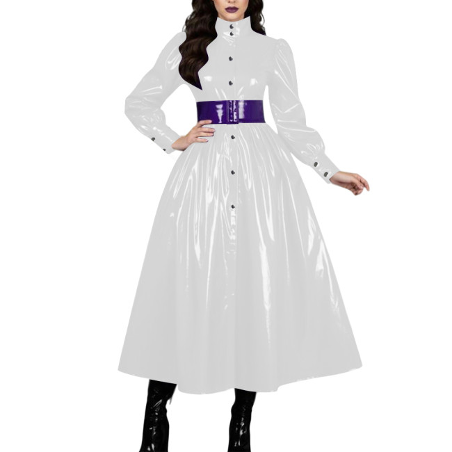 Womens French Goth Shiny PVC Prom Dresses Long Sleeve Wetlook Single-breasted A-line Dress Adult Crossdresser Fantasy Carnival