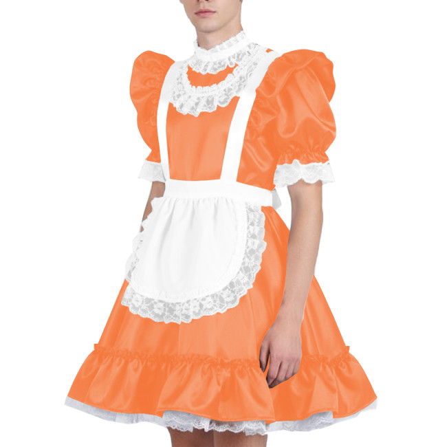 Mens Sissy Lace Ruffles Maid Dress Outfits Party Cosplay Costume Puff Sleeve Satin French Apron Dress Maid Servant Dress Set