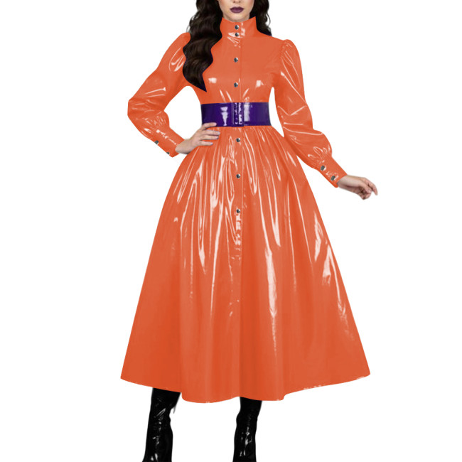 Womens French Goth Shiny PVC Prom Dresses Long Sleeve Wetlook Single-breasted A-line Dress Adult Crossdresser Fantasy Carnival