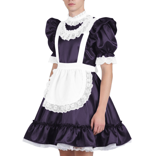 Mens Sissy Lace Ruffles Maid Dress Outfits Party Cosplay Costume Puff Sleeve Satin French Apron Dress Maid Servant Dress Set