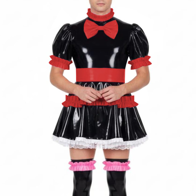Fetish Sissy Ruffles A-line Mini Dress Wetlook PVC Leather Lolita Cosplay Maid Dresses Crossdressing Party Club Pleated Dress