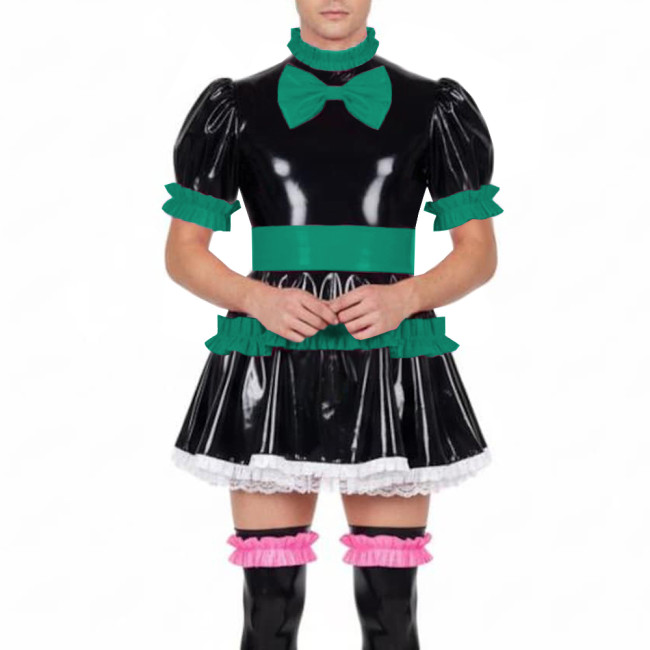 Fetish Sissy Ruffles A-line Mini Dress Wetlook PVC Leather Lolita Cosplay Maid Dresses Crossdressing Party Club Pleated Dress