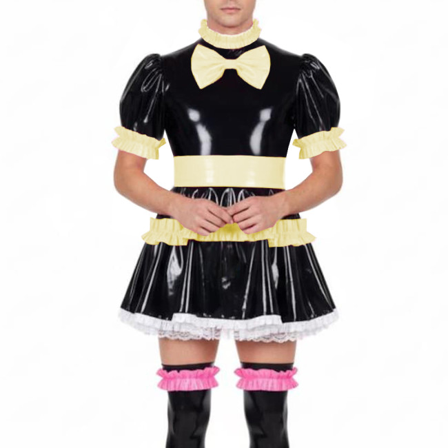 Fetish Sissy Ruffles A-line Mini Dress Wetlook PVC Leather Lolita Cosplay Maid Dresses Crossdressing Party Club Pleated Dress