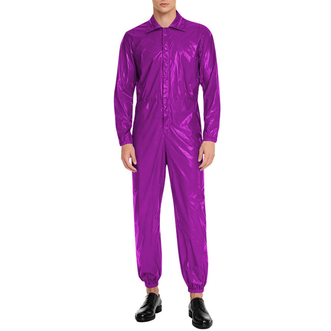 Men Long Sleeve Shiny PVC Leather Casual Jumpsuit Club Role Play Outfits Turn-down Collar High Waist One Piece Catsuit Rompers