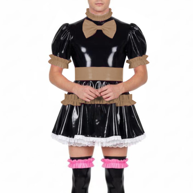 Fetish Sissy Ruffles A-line Mini Dress Wetlook PVC Leather Lolita Cosplay Maid Dresses Crossdressing Party Club Pleated Dress